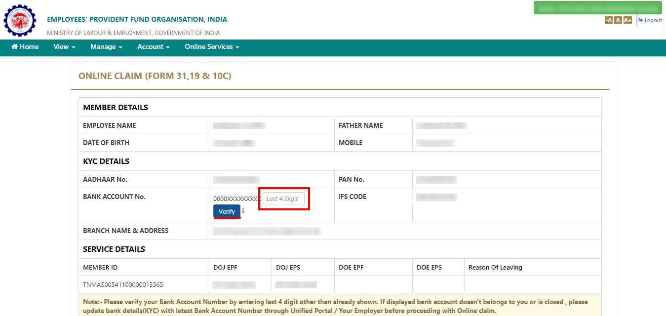 Enter Bank Account Number